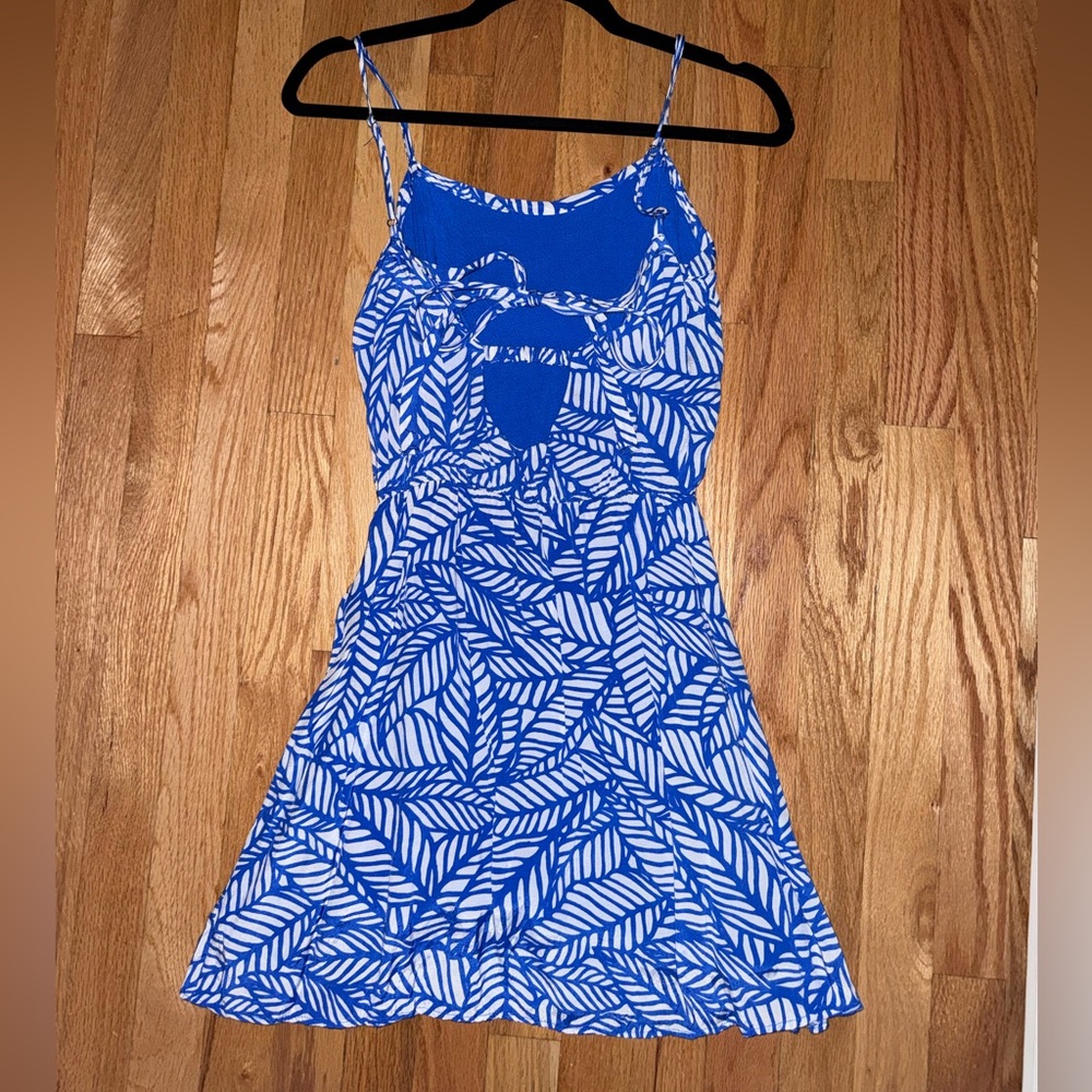 Criss Cross Blue and White Leaf Print Dress- Small